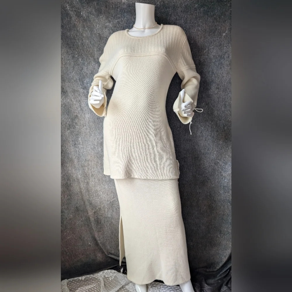 Vintage 90s Ivory Knit Sweater & Skirt Set | Minimal Wool Blend
